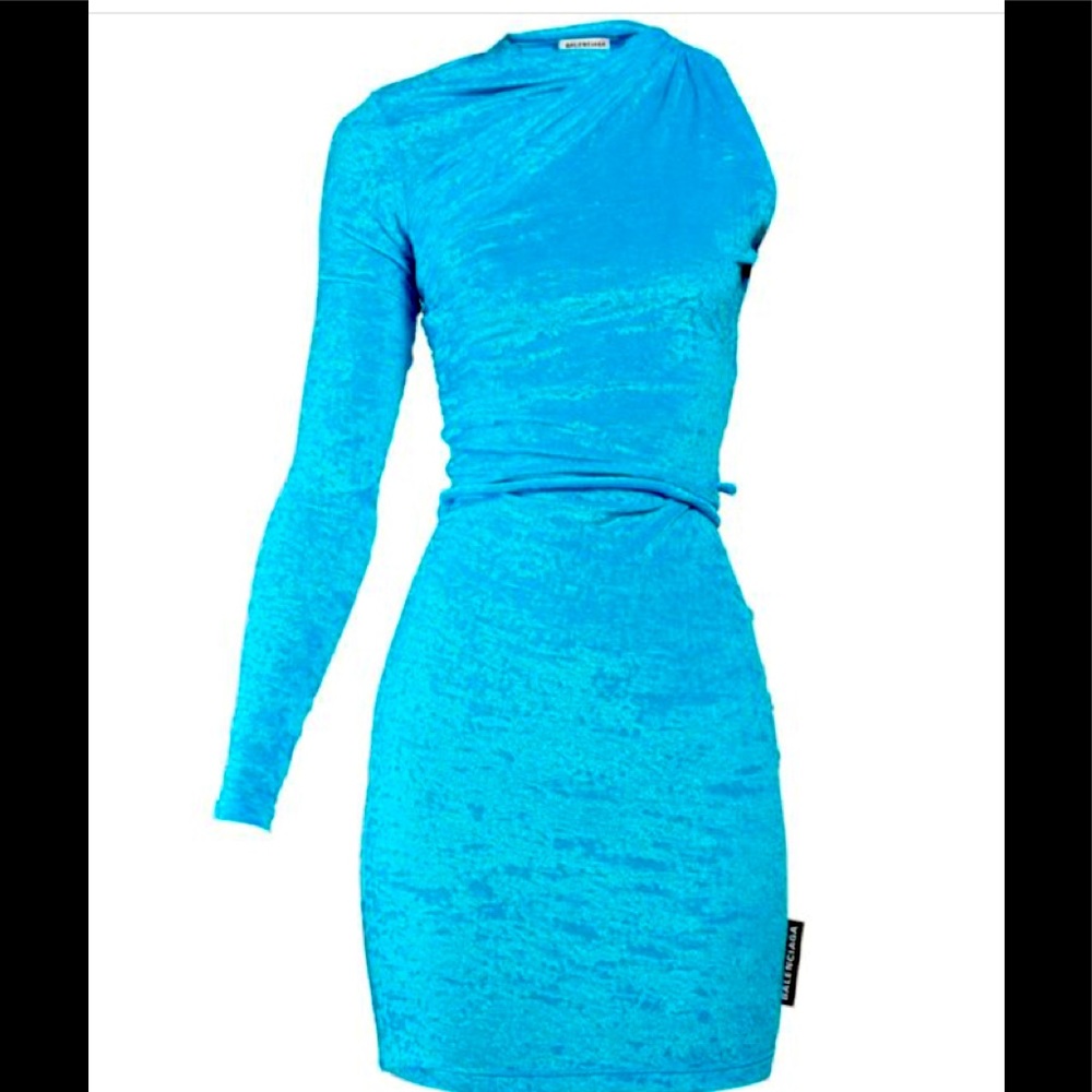 Balenciaga turquoise blue crushed velvet mini dress one sleeve tie waist